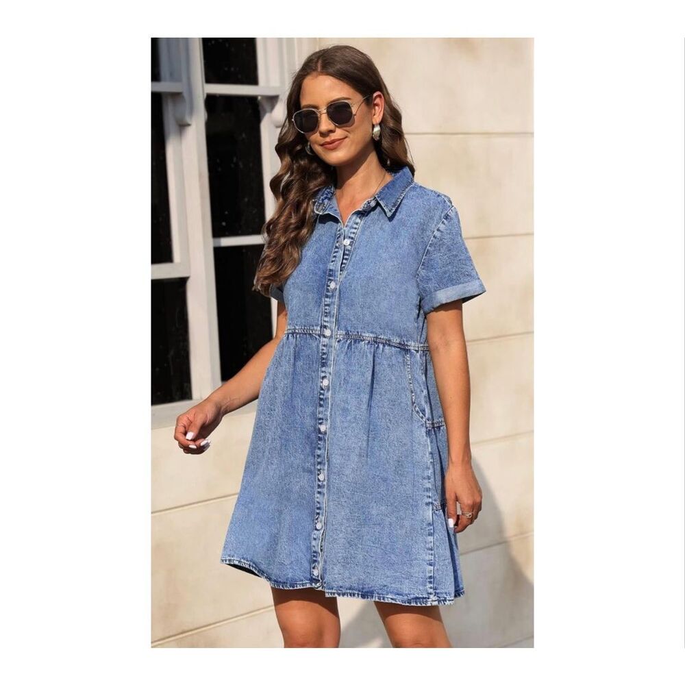 Babydoll Denim Dress with Pockets - Picture 4 of 6